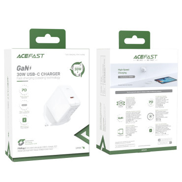 English Network Charger GAN USB-C 30W Q3 3.0 AFC FCP UK Vtič bele