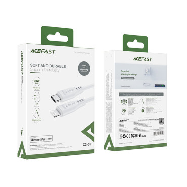 Kabelinė kabelis iPhone MFI USB-C - Žaibas 30W 3A 1.2m Balta