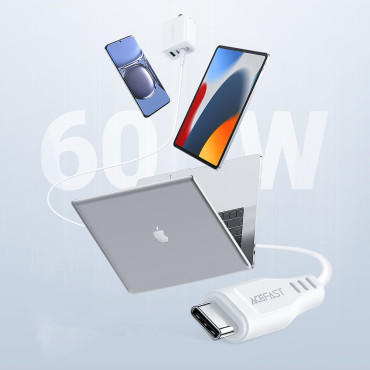 Kabelių viela USB-C 60W 20V 3A telefonui 1.2m Balta