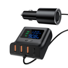 Carregador de carro 90w USB-C 3X USB QC 3.0 Preto