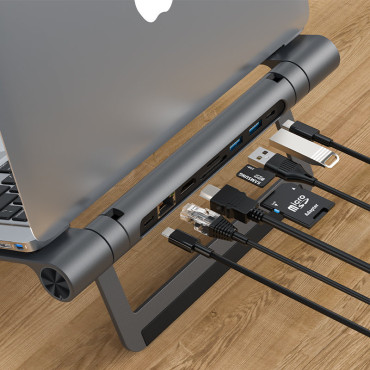 8IN1 bärbar datorstativ + multifunktionshub USB-C TF SD HDMI 4K RJ45 100W GRAY