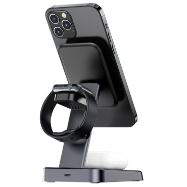 3in1 laddare qi 15w med magnetiskt handtag för iPhone Apple Titta och airpods svart