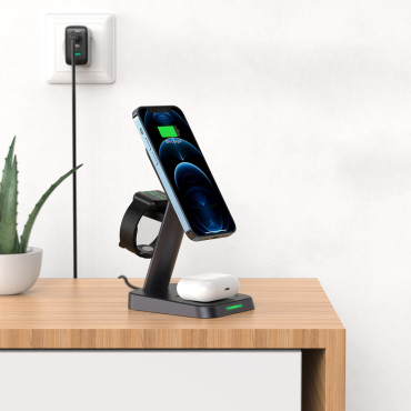 3in1 laddare qi 15w med magnetiskt handtag för iPhone Apple Titta och airpods svart