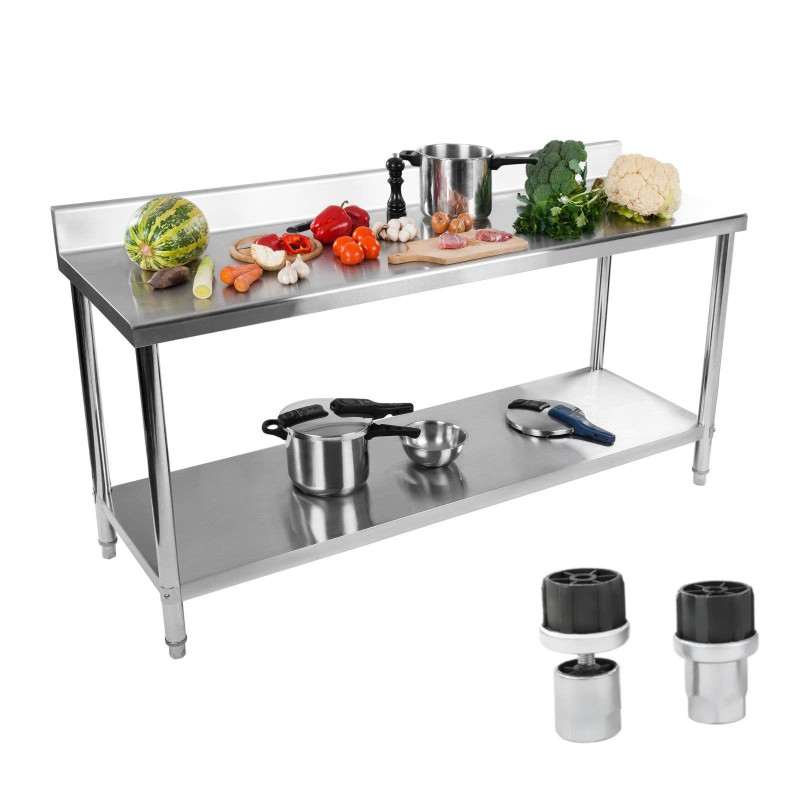 Mesa de cocina con superficie de trabajo de acero inoxidable con borde y estante inferior 200x60cm
