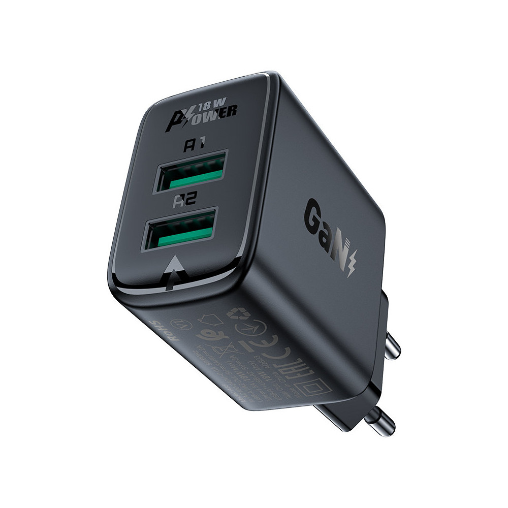 Gan 2x USB 18W QC 3.0 AFC FCP Black Κεφάλαιο