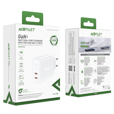 A29 GAN tīkla lādētājs Divi USB-C PD 50W Baltās ostas