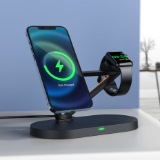 3In1 Qi 15W bezvadu lādētājs un iPhone stends Apple Skatīties un airpods melns