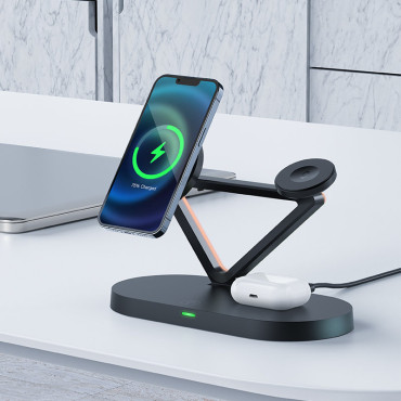 3In1 Qi 15W bezvadu lādētājs un iPhone stends Apple Skatīties un airpods melns