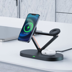 3In1 Qi 15W bezvadu lādētājs un iPhone stends Apple Skatīties un airpods melns