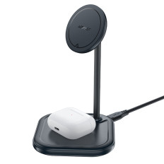 2In1 Qi 15W cargador inalámbrico y soporte de soporte para iPhone y Apple Airpods e6 negro