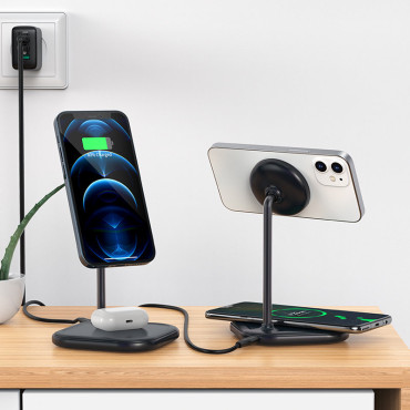 2In1 qi 15W trådlös laddare och stativ för iPhone och Apple AirPods E6 Black