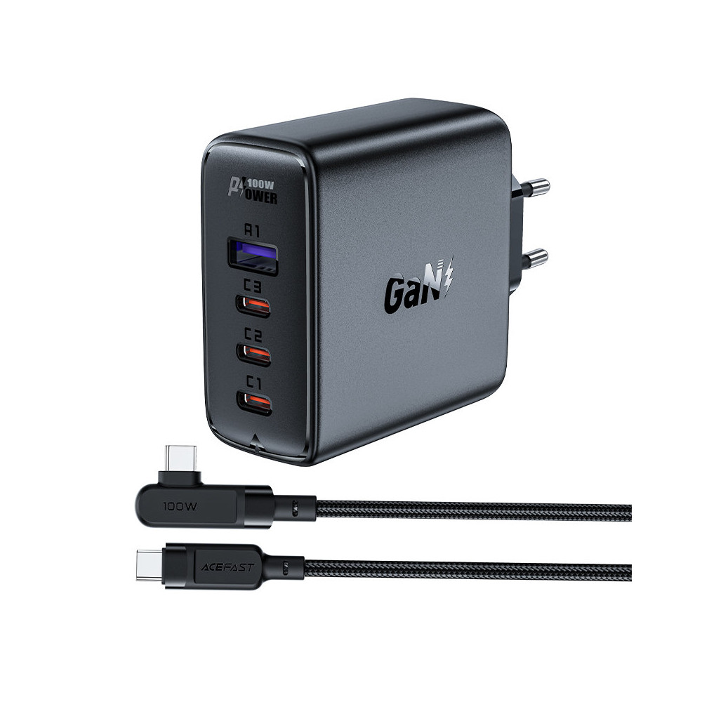 Chargeur de réseau USB-C 1x USB-C 1x USB-C + Câble d'angle USB-C 100W 2M Noir