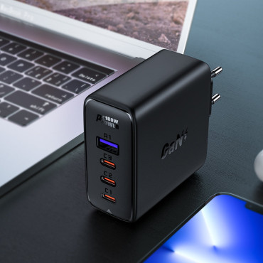 Snabb Gan 3x USB-C 1x USB-A Nätverksladdare + USB-C 100W 2M Vinkelkabel svart