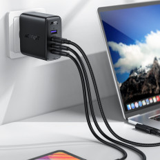 Snabb Gan 3x USB-C 1x USB-A Nätverksladdare + USB-C 100W 2M Vinkelkabel svart