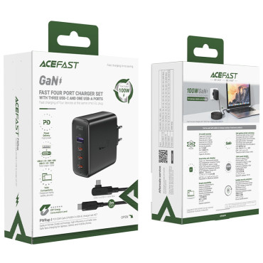 Rýchle GAN 3X USB-C 1X USB-A Sieťová nabíjačka + USB-C 100W 2M UhLový kábel čierny