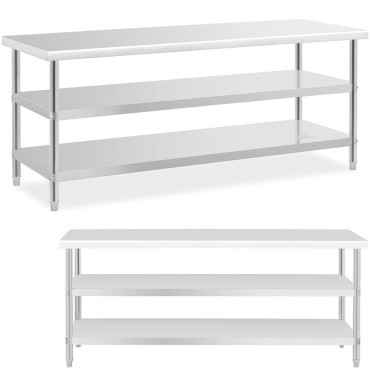 Mesa de cozinha com 2 prateleiras de aço inox 200 x 70cm