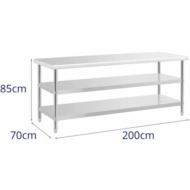 Kuhinjska tabela z 2 police iz nerjavečega jekla 200 x 70 cm