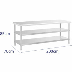 Köksbord med 2 rostfria hyllor 200 x 70cm