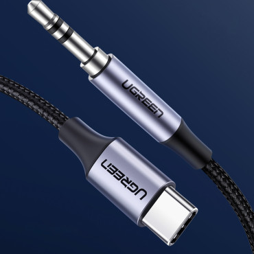 Cabo de áudio de cabo no slot USB-C - Mini Jack 3.5mm 1m cinza