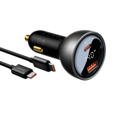 USB USB-C automašīnas lādētājs PD3.1 140W + USB-C 1M kabelis melns
