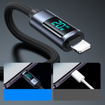 "IPhone" kabelis su LED ekrano žaibais - USB-C 2.4a 1.2m juoda