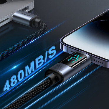 "IPhone" kabelis su LED ekrano žaibais - USB-C 2.4a 1.2m juoda