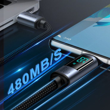 Cabo de cabo com Display de LED USB-C - USB-A 66W 1.2m Preto