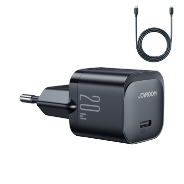 Carregador de rede PD Mini USB-C 20W com cabo para iPhone Relâmpago Preto