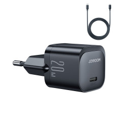 Carregador de rede PD Mini USB-C 20W com cabo para iPhone Relâmpago Preto