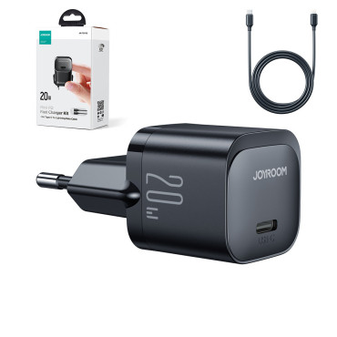 Carregador de rede PD Mini USB-C 20W com cabo para iPhone Relâmpago Preto