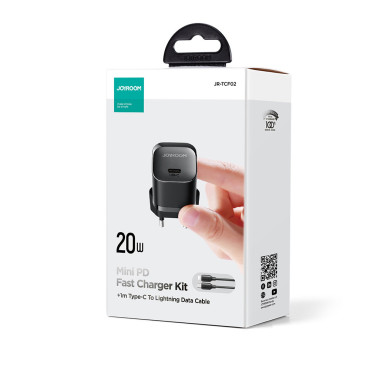 Carregador de rede PD Mini USB-C 20W com cabo para iPhone Relâmpago Preto