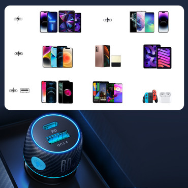 60W Car carregador PD USB-C USB-A Black