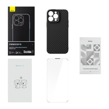 Blindé iphone 14 pro magsafe + fibre synthétique en verre trempé noir