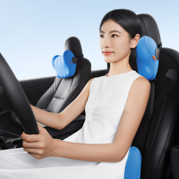 Almofada de carro no encosto de cabeça com forma de comfortride. Azul
