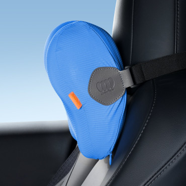 Almofada de carro no encosto de cabeça com forma de comfortride. Azul
