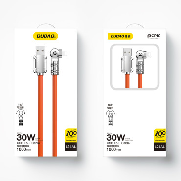 Sterk vinkelkabel for iPhone USB-A - Lyn 30W 1M rotasjon 180 oransje
