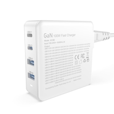 Snabb och stark GAN 2x USB-C 2x USB 100W vit nätverksladdare
