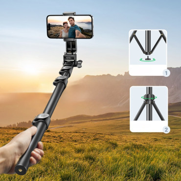 Selfie Stick s stojalom in Bluetooth Daljinski upravljalnik za dolge selfie palice 1.8m Črna