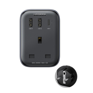 2IN1 Nätverksladdare EU 2x USB USB-C + Adapter för English Plug Uk Svart