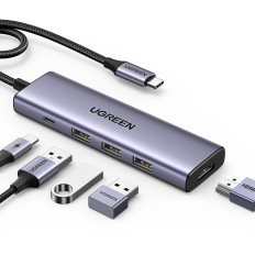 5W1 multifunktionell nav USB-C 3x USB-A HDMI 4K PD 100W GRAY