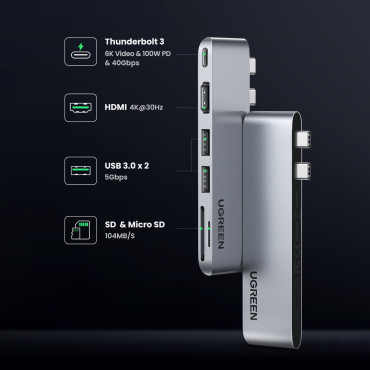 Hub MacBook AIR PRO 2X USB-C HDMI 2X USB 3.0 SD TF PD GREY
