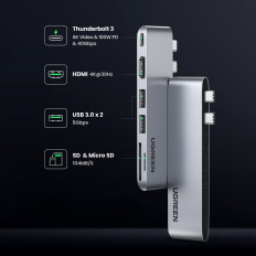 Hub MacBook AIR PRO 2X USB-C HDMI 2X USB 3.0 SD TF PD GREY
