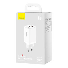 Hurtig GAN 2x USB-C USB 65W Network Oplader + USB-C Hvid Kabel