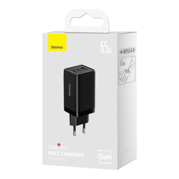 Γρήγορη GAN 2x USB-C USB 65W + φορτιστή δικτύου + μαύρο καλώδιο USB-C