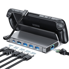 Navadapter för ångdäck USB-C USB-A HDMI RJ45 PD Grå