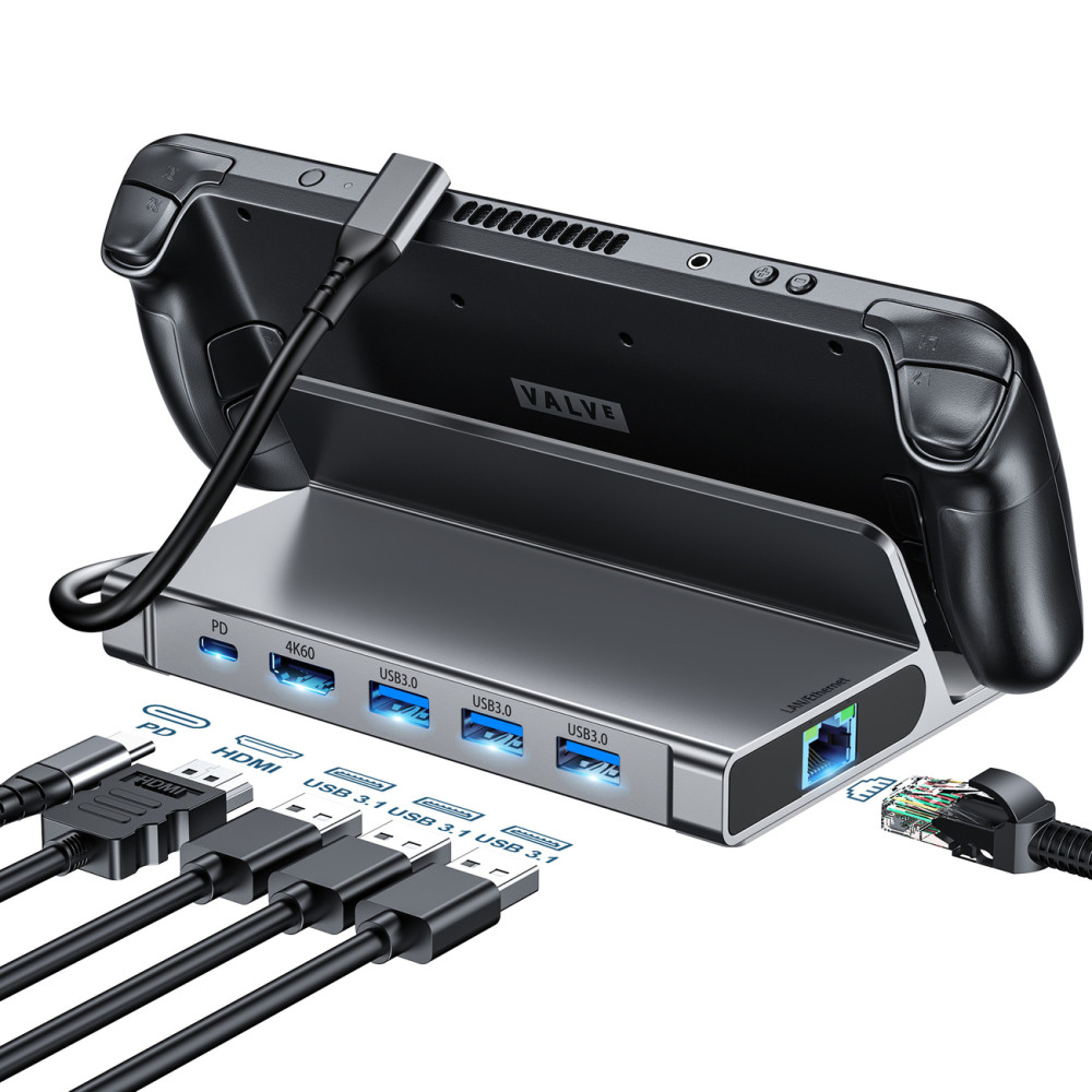 Navadapter för ångdäck USB-C USB-A HDMI RJ45 PD Grå