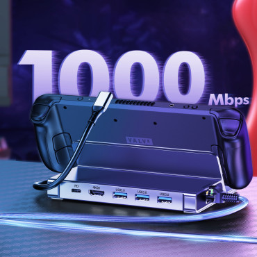 Navadapter för ångdäck USB-C USB-A HDMI RJ45 PD Grå