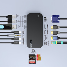 Hub adaptér M52 USB-C USB-A HDMI VGA DP SD TF RJ45 AUX PD Šedá
