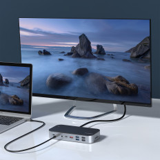 HUB-adapter M52 USB-C USB-A HDMI VGA DP SD TF RJ45 AUX PD GRIJS