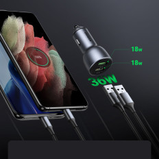 Φορτιστής γρήγορου αυτοκινήτου 2x USB 36W Γρήγορη φόρτιση SCP FCP AFC γκρι
